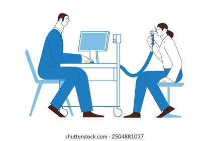 Espirometría. Prueba de función pulmonar. Médico especialista con paciente femenino realiza espirometría en laboratorio u oficina. Ilustración vectorial plana moderna en blanco y negro. Plantilla de Anuncio de Sitio web.