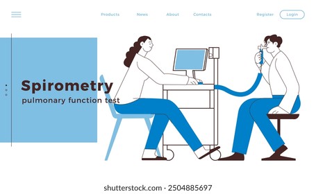 Spirometry. Pulmonary function test. Medical Specialist with Male Patient Performs Spirometry in Laboratory or Office. Black and White Modern Flat Vector Illustration.  Website Banner Template.