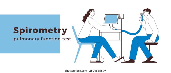 Espirometría. Prueba de función pulmonar. Médico especialista con paciente masculino realiza espirometría en laboratorio u oficina. Ilustración vectorial plana moderna en blanco y negro.  Plantilla de Anuncio de Sitio web.