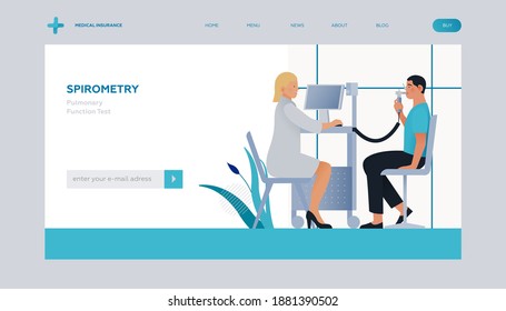 Spirometry. Pulmonary Function Test. Modern Flat Vector Illustration. Medical Specialist with Patient Doing Spirometry in Laboratory Office. Insurance Landing Page Design Template. Website Banner. 