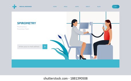 Spirometry. Pulmonary Function Test. Modern Flat Vector Illustration. Medical Specialist with Patient Doing Spirometry in Laboratory Office. Insurance Landing Page Design Template. Website Banner. 