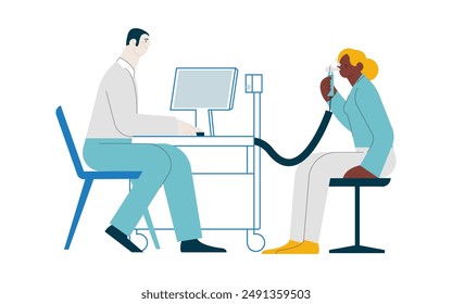 Spirometry. Pulmonary function test. Modern Flat Vector Illustration. Medical Specialist with Female Patient Performs Spirometry in Laboratory or Office. Website Banner, Landing Page Design Template.