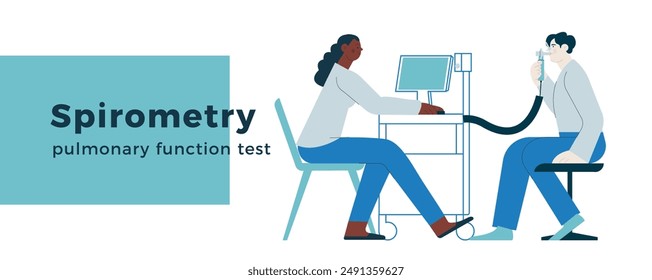 Spirometry. Pulmonary function test. Modern Flat Vector Illustration. Medical Specialist with Male Patient Performs Spirometry in Laboratory or Office. Website Banner, Landing Page Design Template.