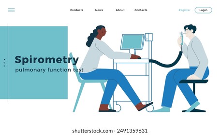 Spirometry. Pulmonary function test. Modern Flat Vector Illustration. Medical Specialist with Male Patient Performs Spirometry in Laboratory or Office. Website Banner, Landing Page Design Template.