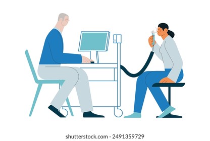 Spirometry. Pulmonary function test. Modern Flat Vector Illustration. Medical Specialist with Female Patient Performs Spirometry in Laboratory or Office. Website Banner, Landing Page Design Template.