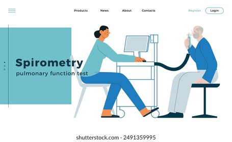 Spirometry. Pulmonary function test. Modern Flat Vector Illustration. Medical Specialist with Male Patient Performs Spirometry in Laboratory or Office. Website Banner, Landing Page Design Template.