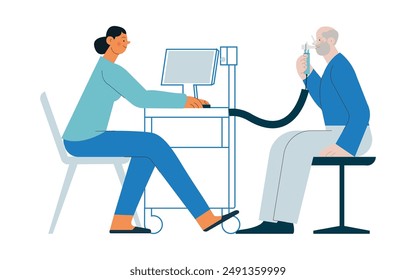 Spirometry. Pulmonary function test. Modern Flat Vector Illustration. Medical Specialist with Male Patient Performs Spirometry in Laboratory or Office. Website Banner, Landing Page Design Template.