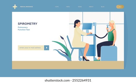 Spirometry. Pulmonary Function Test. Modern Flat Vector Illustration. Medical Specialist with Patient Doing Spirometry in Laboratory Office. Insurance Landing Page Design Template. Website Banner.