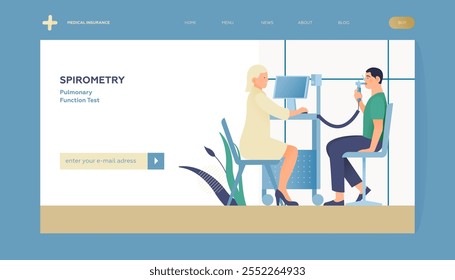 Spirometry. Pulmonary Function Test. Modern Flat Vector Illustration. Medical Specialist with Patient Doing Spirometry in Laboratory Office. Insurance Landing Page Design Template. Website Banner.