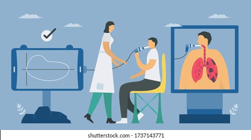 Spirometry is a test used to measure lung function. Chronic obstructive pulmonary disease causes breathing problems and poor airflow. Pulmonology vector illustration.