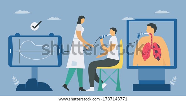 Spirometry is a test\
used to measure lung function. Chronic obstructive pulmonary\
disease causes breathing problems and poor airflow. Pulmonology\
vector\
illustration.