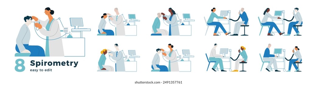 Spirometry vector illustrations collection. Medical Specialists and Patients Performing Whole Body Plethysmography and Spirometry  in Medical Office or Laboratory.