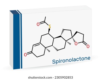 Spironolactone molecule. Aldosterone receptor antagonist used for the treatment of hypertension, hyperaldosteronism, edema. Skeletal chemical formula. Paper packaging for drugs. Vector illustration