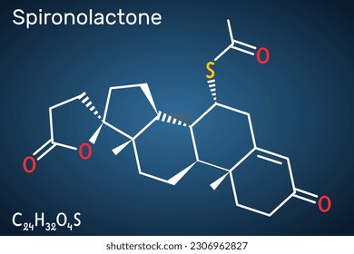 Spironolactone molecule. It is aldosterone receptor antagonist used for the treatment of hypertension, hyperaldosteronism. Structural chemical formula on the dark blue background. Vector illustration