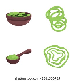 Spirulina algae icons set cartoon vector. Spirulina in form of ring and powder. Dietary supplement