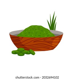 Spirulina in bowl. Green seaweed on plate. Healthy food in powder. Ingredient for cooking. Flat cartoon