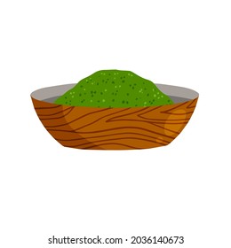 Spirulina in bowl. Green seaweed on plate. Healthy food in powder. Ingredient for cooking. Flat cartoon