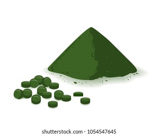 Spirulina, chlorophyll, or chlorella powder and tablets isolated on white background. Flat vector illustration