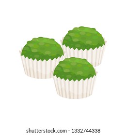 Spirulina cupcakes in paper cups. Healthy and tasty dessert. Green muffins. Flat vector design