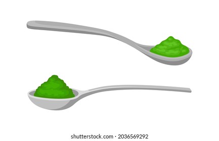 Spirulina dietary supplement. Powder of organic product in spoon vector illustration