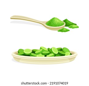 Spirulina dietary supplement set. Powder in spoon and tablet pills on plate . Superfood cartoon vector illustration