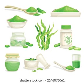 Spirulina dietary supplements set. Pills, capsules and powder of algae. Healthy eco product, antioxidant superfood vector illustration