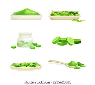 Spirulina dietary supplements set. Powder and tablets. Eco product, antioxidant superfood cartoon vector illustration