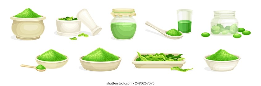 Spirulina Green Organic Healthy Food Supplement Vector Set