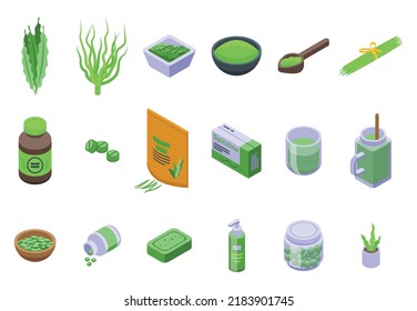 Spirulina icons set isometric vector. Plant seaweed. Aqua algae