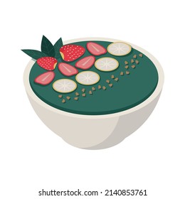 Spirulina isometric composition with isolated image of dish with spirulina leaves and fruit slices vector illustration