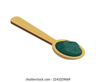 Spirulina isometric composition with isolated image of wooden spoon with spirulina powder on blank background vector illustration