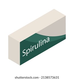 Composición isométrica de la espirulina con la vista del paquete de cartón alimentario de la espirulina sobre la ilustración vectorial de fondo en blanco