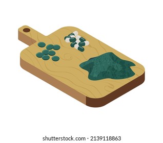 Spirulina isometric composition with view of spirulina pills tablettes and powder on wooden cutting board vector illustration