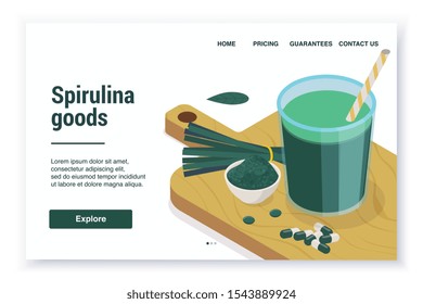 Spirulina isometric web site landing page with editable text links and cutting board with pills and powder vector illustration