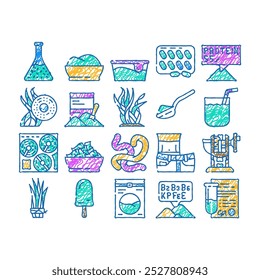 spirulina nutrition ingredient doodle icons set vector. sketch line art spirulina natural ice cream food and vitamin healthcare drink, seaweed and algae plant for prepare tablets color illustrations