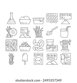 Spirulina Nutrition Ingredient Icons Set Vector. Spirulina Natural Ice Cream Food And Vitamin Healthcare Drink, Seaweed And Algae Plant For Prepare Tablets Drug And Powder Black Contour Illustrations