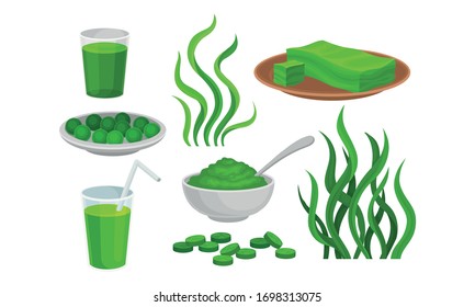 Spirulina Plant with Organic Product in Powder and Pills Vector Set