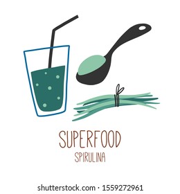 Spirulina plant, smoothie in glass, powder in spoon. Seaweed organic healthy food. Superfood. Hand drawn flat style vector. Detox natural products. Protein energy drink
