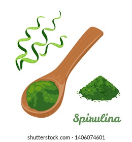 Spirulina powder in spoon isolated on white background. Vector illustration Blue-green alga Spirulina in cartoon flat style. Dietary supplement.