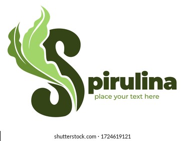 Spirulina seaweed logo, banner with custom text. Organic and healthy super food, nutrients and microelements in dietary supplement. Nutrition for vegans and vegetarians, vector in flat style