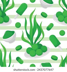 Spirulina seaweed seamless pattern green superfood marine mineral supplement isometric vector illustration. Aquatic vegan eco nutrition powder capsule healthy detox wallpaper design template