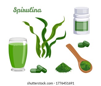Spirulina seaweed set. Vector illustration of wooden spoon with powder, glass with healing drink, bottle of pills and capsules isolated on white background. Cartoon flat style.