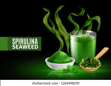 Spirulina seaweed supplement colorful green black background poster with dried powder capsules drink realistic composition vector illustration