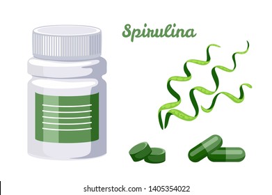 Spirulina Set. Bottle of pills, capsules and tablets. Spirulina algae isolated on white background. Vector illustration of dietary supplements in cartoon flat style.