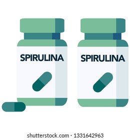 Spirulina, a supplement made from blue-green algae, bottle of pills