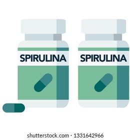 Spirulina, a supplement made from blue-green algae, bottle of pills
