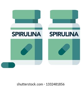 Spirulina, a supplement made from blue-green algae, bottle of pills