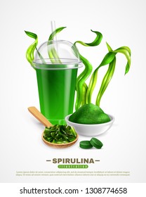 Spirulina supplement white background poster with dried algae powder drink tablets chopped seaweeds realistic composition vector illustration