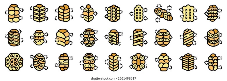 Spit cake icons representing baking and culinary traditions with various forms and decorations