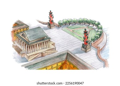 The Spit of Vasilyevsky Island in St. Petersburg. The Exchange building and Rostral columns on the Neva River embankment. Vector illustration on a white background. Traced color pencils.